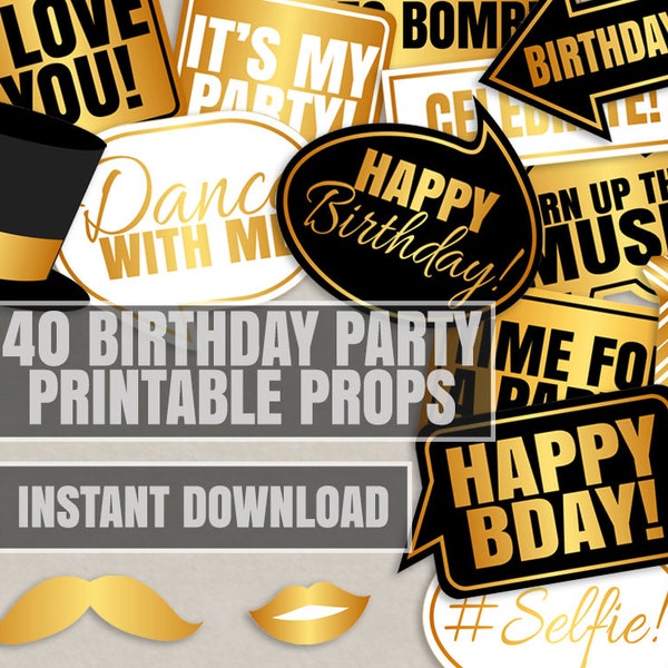 40 Birthday Photo Booth Props, Birthday party printable props, bday party props, gold and black, birthday photobooth props, birthday party