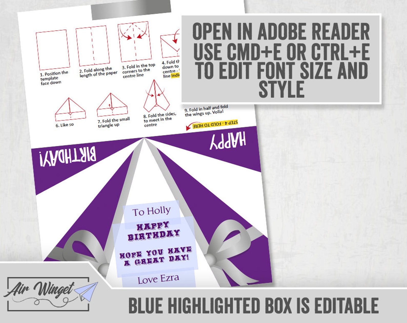 Printable Birthday Card Template Paper Airplane Template - Etsy