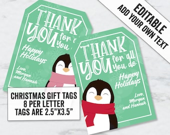 Druckbare Pinguin Geschenkanhänger, bearbeitbare Weihnachten Dankeschön Tags, Lehrer Weihnachten Geschenkanhänger, Pinguin Weihnachten Winter Geschenkanhänger fügen Sie Ihren Namen hinzu