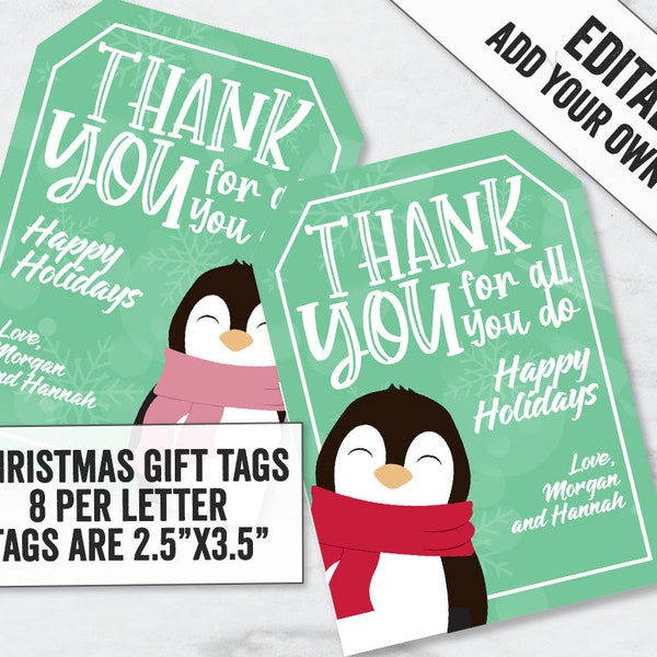 Printable Penguin Gift Tags, Editable Christmas thank you tags, teacher christmas gift tag, penguin christmas winter gift tag add your name