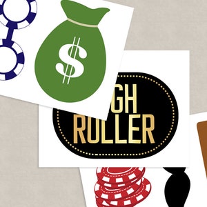 May include: A set of four printable casino party decorations. The decorations include a green money bag with a dollar sign, a black and gold circle with the text "High Roller", a stack of red and white poker chips, and two blue poker chips connected by a chain.
