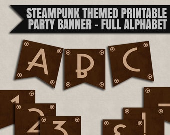 Steampunk party banner printable, printable steam punk themed bunting, printable abc bunting, steampunk party decor banner, instant download