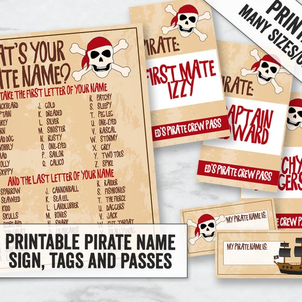 Pirate Printable Party Games, Pirate Name sign, Printable Pirate name tags, Editable Pirate party passes, Printable pirate party ideas, BB10