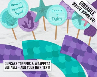 Printable Mermaid Cupcake toppers and wrapper, editable mermaid party cupcake toppers, Mermaid toppers, under the sea cupcakes toppers, ME1