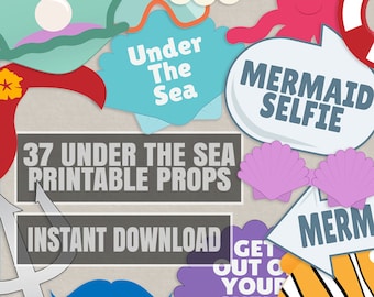 37 Under the Sea Party Props, diy mermaid party photobooth props, Under the sea photo booth prop ideas, ocean party supplies, printable prop