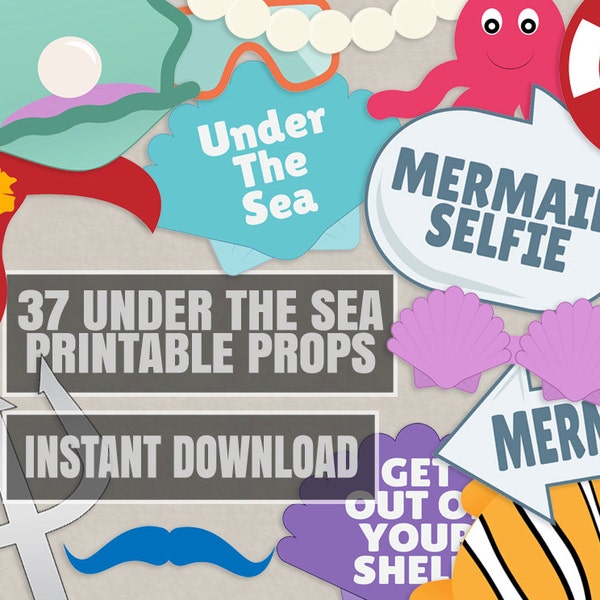 37 Under the Sea Party Props, diy mermaid party photobooth props, Under the sea photo booth prop ideas, ocean party supplies, printable prop
