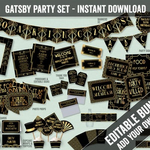 Afdrukbare Gatsby Party Bundle, bewerkbare jaren 1920 themapakketset, afdrukbaar Roaring Twenties feestdecor, digitale verbodsfeestideeën, GG1