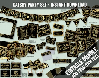 Printable Gatsby Party Bundle, Editable 1920s Themed pack set, Printable Roaring twenties party decor, digital prohibition party ideas, GG1