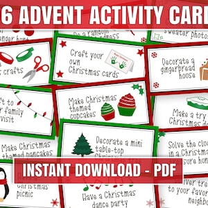 Cartoline dell'avvento di Natale stampabili, 96 note di attività dell'avvento di Natale per il calendario dell'avvento per bambini, note di Natale stampabili giornaliere dell'avvento fai da te