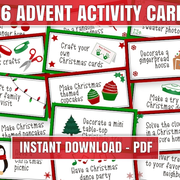 Printable Christmas advent cards, 96 Christmas advent activity notes for kids advent calendar, Daily Printable Christmas notes diy advent