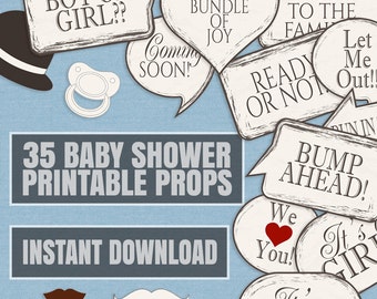 35 Chic Baby Shower Props, Baby shower party prop printables, vintage style photobooth props, gender reveal photo booth props, baby shower