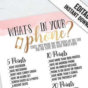 Puede incluir: Una tarjeta de juego imprimible rosa y dorada con el texto "What's in your phone?" y una lista de elementos para verificar en un teléfono para obtener puntos. El juego es para una fiesta o reunión.