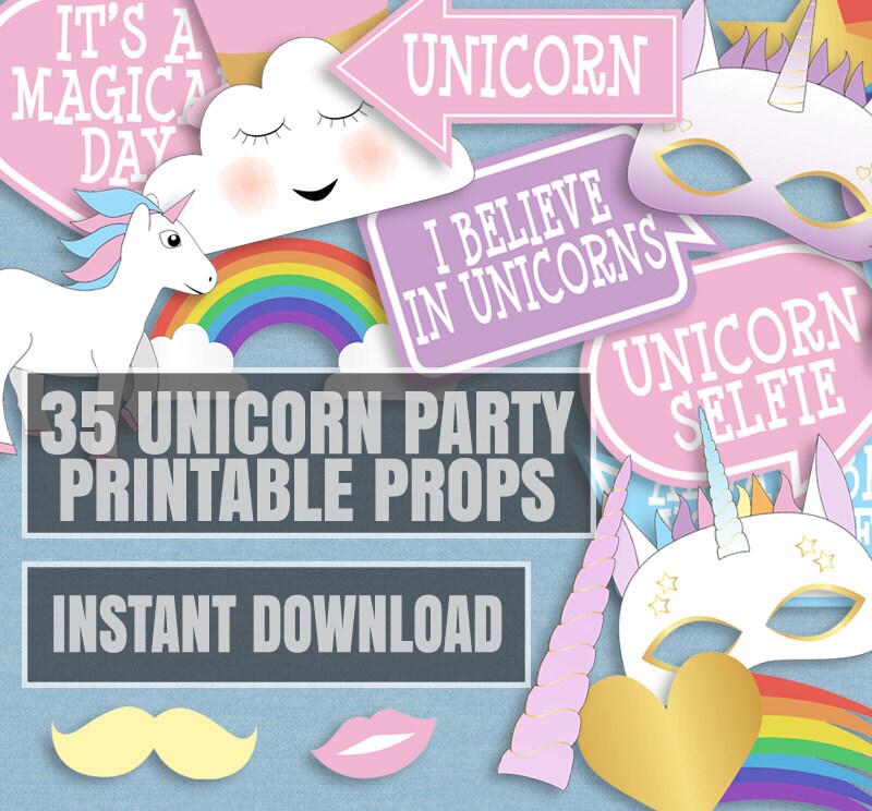35 Unicorn Party Photo Booth Props Printable Unicorn selfie | Etsy