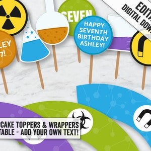 Printable Science Cupcake toppers and wrapper template, editable science cupcake toppers, science party food, scientist cupcake toppers, SC1