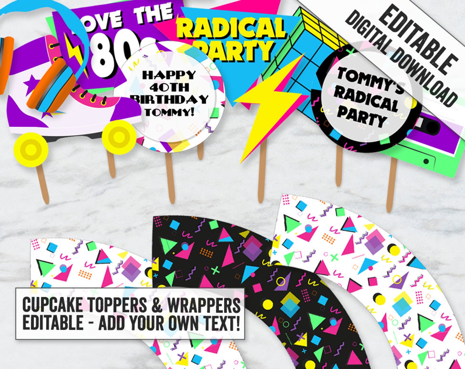 Printable Eighties Cupcake Toppers, 80s Printable Cupcake Topper Diy ...