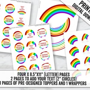 Rainbow Cupcake Toppers and Wrapper Printables Editable | Etsy
