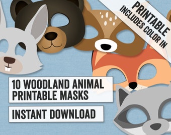 10 Woodland Animal Mask Printables, kid's wildlife crafts, woodland color in masks, instant download, diy mask printables, bear, fox pngs