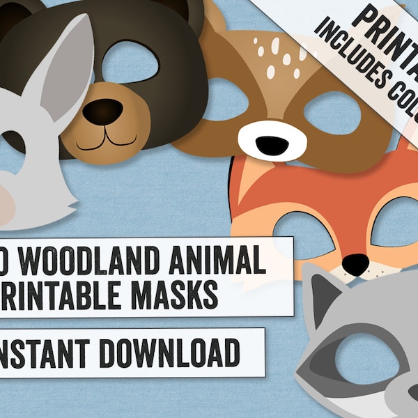 10 Woodland Animal Mask Printables, kid's wildlife crafts, woodland color in masks, instant download, diy mask printables, bear, fox pngs