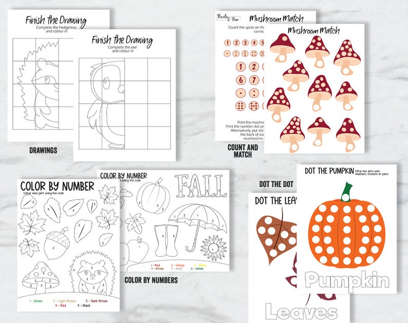 May include: A set of printable fall-themed activity sheets for kids. The sheets include activities like color by number, dot-to-dot, and finish the drawing. The activities feature images of pumpkins, leaves, mushrooms, and hedgehogs.