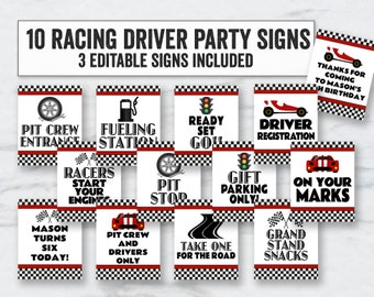 Racing Driver Printable Party Signs, Editable Race Car Party Signs, pit crew, racing signs, editable checker racing driver party signs, RT1