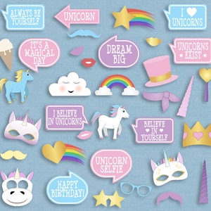 35 Unicorn Party Photo Booth Props, Printable Unicorn Selfie Props ...