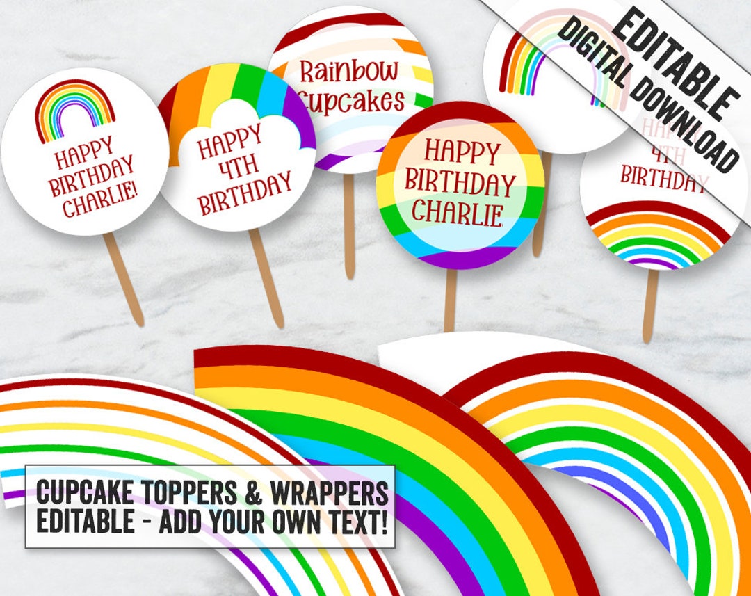 Rainbow Cupcake Toppers and Wrapper Printables, Editable Rainbow Party ...