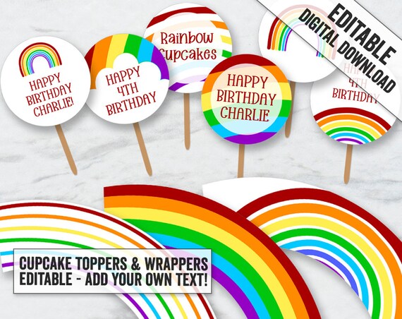 Rainbow Cupcake Toppers and Wrapper Printables Editable | Etsy