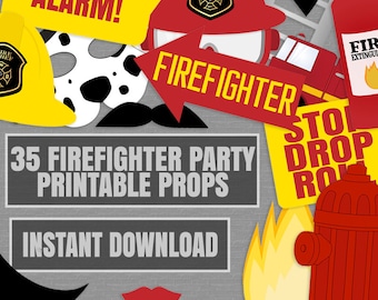 35 Firefighter party printable photo booth props, fireman birthday party ideas photobooth props, diy fire engine props, instant download