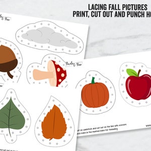 May include: Printable lacing activity for kids featuring fall-themed images: a red apple, a pumpkin, a mushroom, an acorn, a green leaf, and an orange leaf. Each image has holes around the outline for lacing.
