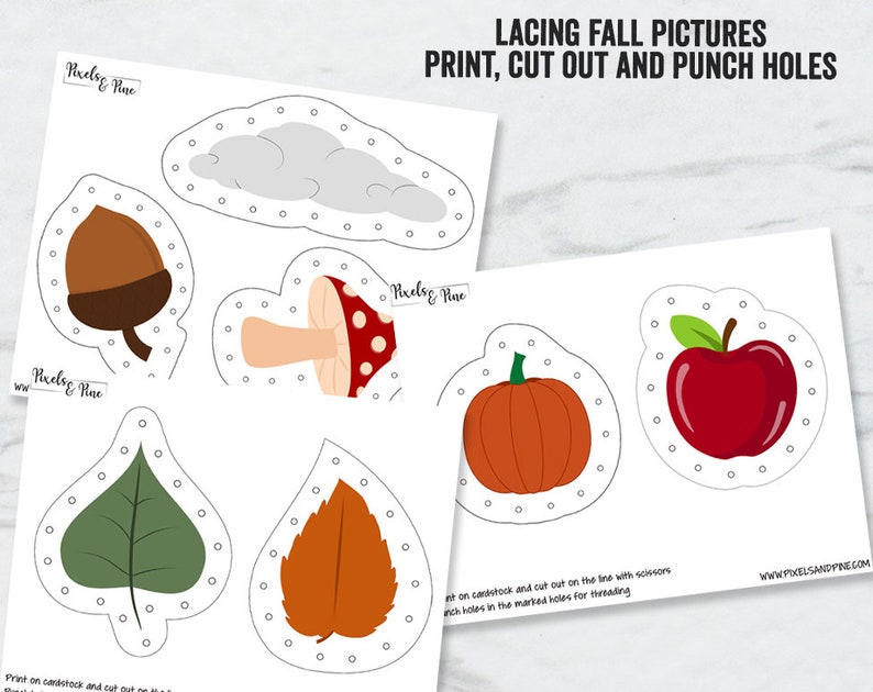 May include: Printable lacing activity for kids featuring fall-themed images: a red apple, a pumpkin, a mushroom, an acorn, a green leaf, and an orange leaf. Each image has holes around the outline for lacing.