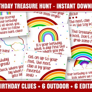 Treasure Hunt Clues, Printable Birthday Rainbow Themed Scavenger Hunt, 36 birthday treasure hunt indoor and outdoor clues for kids