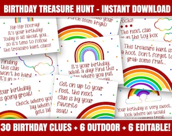 Treasure Hunt Clues, Printable Birthday Rainbow Themed Scavenger Hunt, 36 birthday treasure hunt indoor and outdoor clues for kids