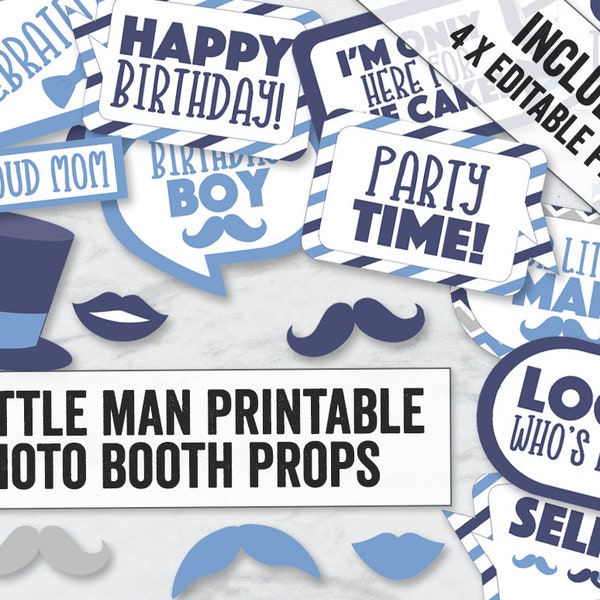 Little Man Photobooth props, Mustasche Photo booth props, Editable Photobooth props, Blue 1st birthday props, boy party photo props, LM1