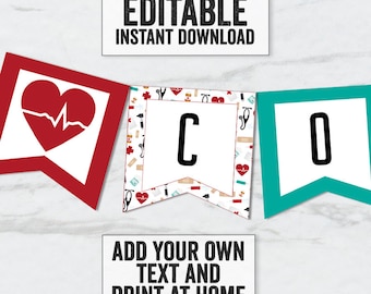 Könnte beinhalten: Editierbare, druckbare Banner mit einem roten Herzen mit einer Herzschlaglinie, einem weißen Banner mit dem Buchstaben C und einem türkisfarbenen Banner mit dem Buchstaben O. Das Banner hat ein medizinisches Thema mit weißem Hintergrund und roten, blauen und weißen medizinischen Symbolen. Der Text "Fügen Sie Ihren eigenen Text hinzu und drucken Sie ihn zu Hause aus" befindet sich unter dem Banner.