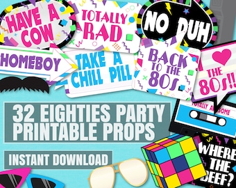 Eighties Printable party photo props, 80s style party decor, 80s party ideas, 80s party photobooth props, Eighties retro party decor diy ET1