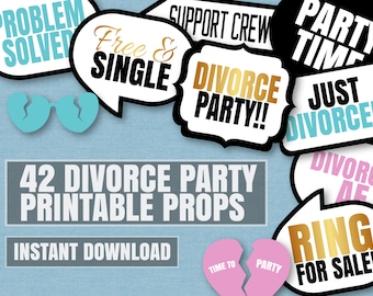 Puede incluir: 42 accesorios de cabina de fotos imprimibles para una fiesta de divorcio. Los accesorios incluyen burbujas de diálogo con frases como "Libre y soltero", "¡Fiesta de divorcio!" y "Recién divorciado", un corazón roto, un anillo con el texto "¡Anillo a la venta!" y gafas de sol.
