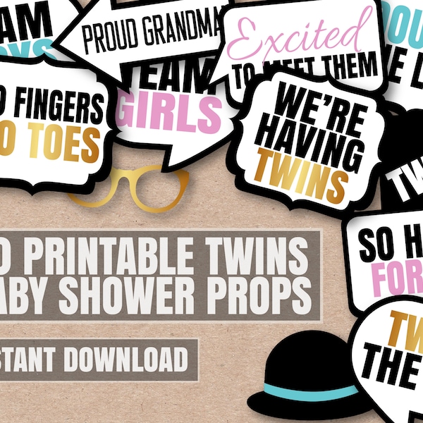 40 Twins Baby Shower printable props, twins photobooth props, twin baby shower selfie props, twin photo booth props, twins quote bubbles diy