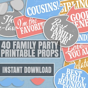 40 Family photo booth props, family party selfie props, photobooth selfies, family reunion party props, family party printables, family pngs