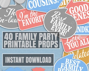 40 Family photo booth props, family party selfie props, photobooth selfies, family reunion party props, family party printables, family pngs