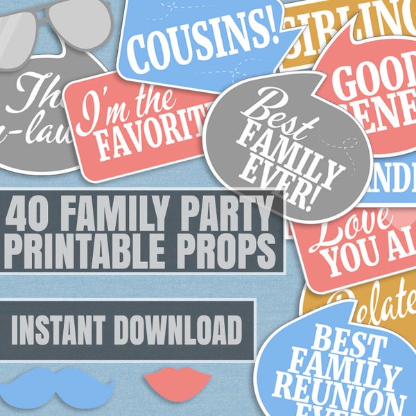 40 Family photo booth props, family party selfie props, photobooth selfies, family reunion party props, family party printables, family pngs