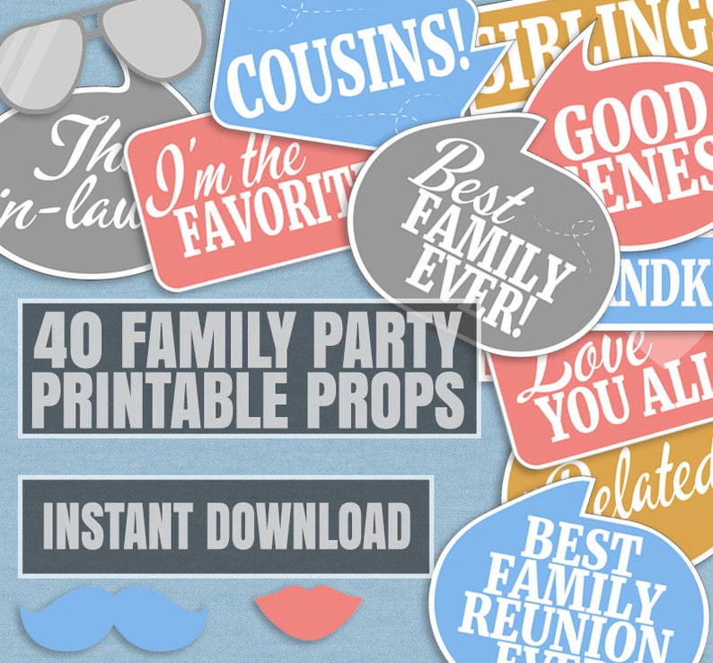 40 Family photo booth props, family party selfie props, photobooth selfies, family reunion party props, family party printables, family pngs image 1