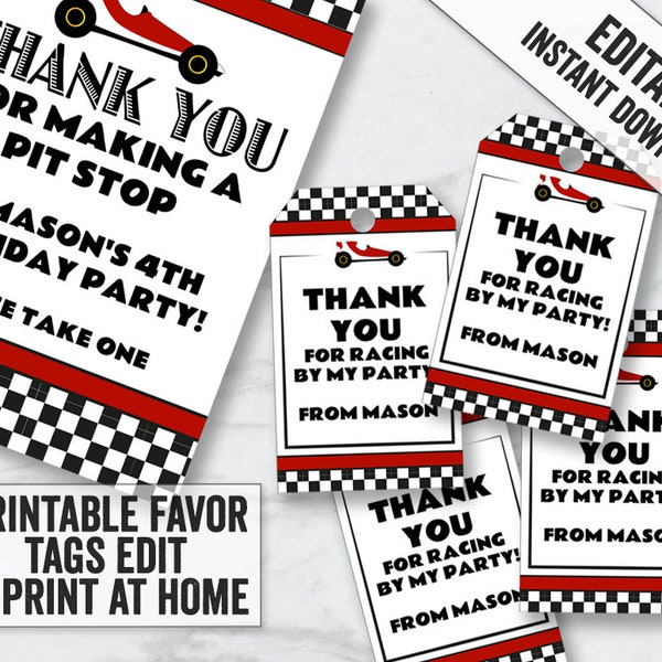 Printable Racing Driver Party Tags, Editable race car thank you tags, red racing car party favor tags, race cars party favor tags, RT1