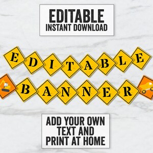 Construction Banner Printable, Editable Construction party bunting, Any phrase, DIY construction party banner, CN1 editable banner download