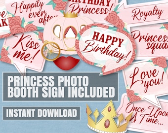 May include: A set of printable princess-themed photo booth props with pink and red accents. The props include a carriage, a crown, and speech bubbles with phrases like "Happily Ever After", "Kiss Me", "Happy Birthday", "Royalty", "Princess Squad", "Love You", and "Once Upon A Time".