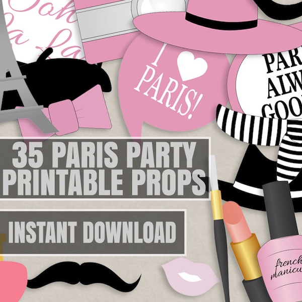 35 Paris Party Photo Props, Parisian Photobooth party ideas, pink paris party theme, culture party props, paris theme diy printable props