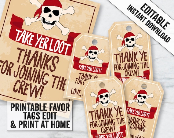 Printable Rustic Style Pirate Party Tags, Editable Pirate Themed Thank You  Tags, Pirate Party Favor Tags, Pirate Party Decor DIY, BB10 