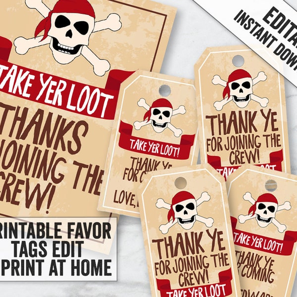Printable Rustic Style Pirate Party Tags, Editable pirate themed thank you tags, Pirate party favor tags, Pirate party decor DIY, BB10