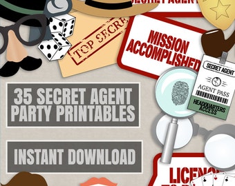 35 Secret Agent Party Photo Booth Props, Spy themed photo props, secret agent party photobooth sign, spy party props, diy spy party