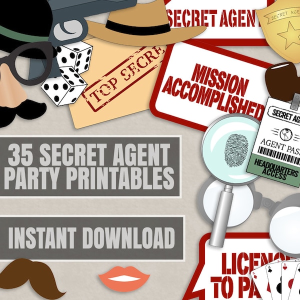 35 Secret Agent Party Photo Booth Props, Spy themed photo props, secret agent party photobooth sign, spy party props, diy spy party