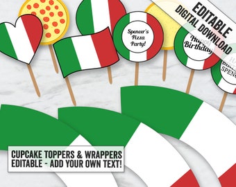 Italian Cupcake toppers and wrapper printables, editable italy party cupcake toppers, pizza party cupcake toppers, pizza cupcakes, IT1